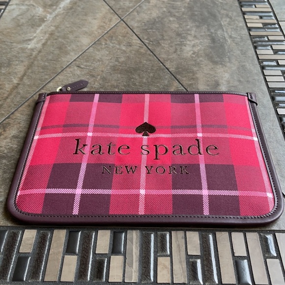 Kate Spade Ella Plaid Bright Rose Large Zip Pouch Clutch - Picture 2 of 16